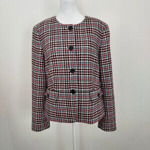 Talbots Houndstooth Plaid Wool Blend Collarless Blazer Size 12